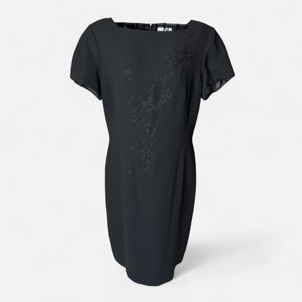 VTG Worthington Black Square Neck Floral Embroidered Beaded Cocktail Dress 10